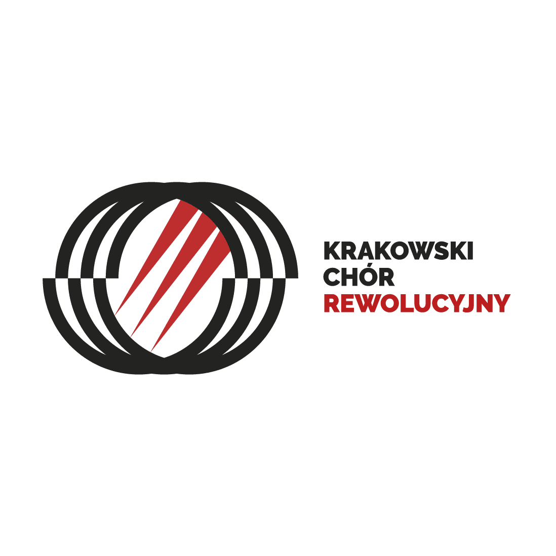 Znak chóru obok napisu Krakowski Chór Rewolucyjny, na białym tle