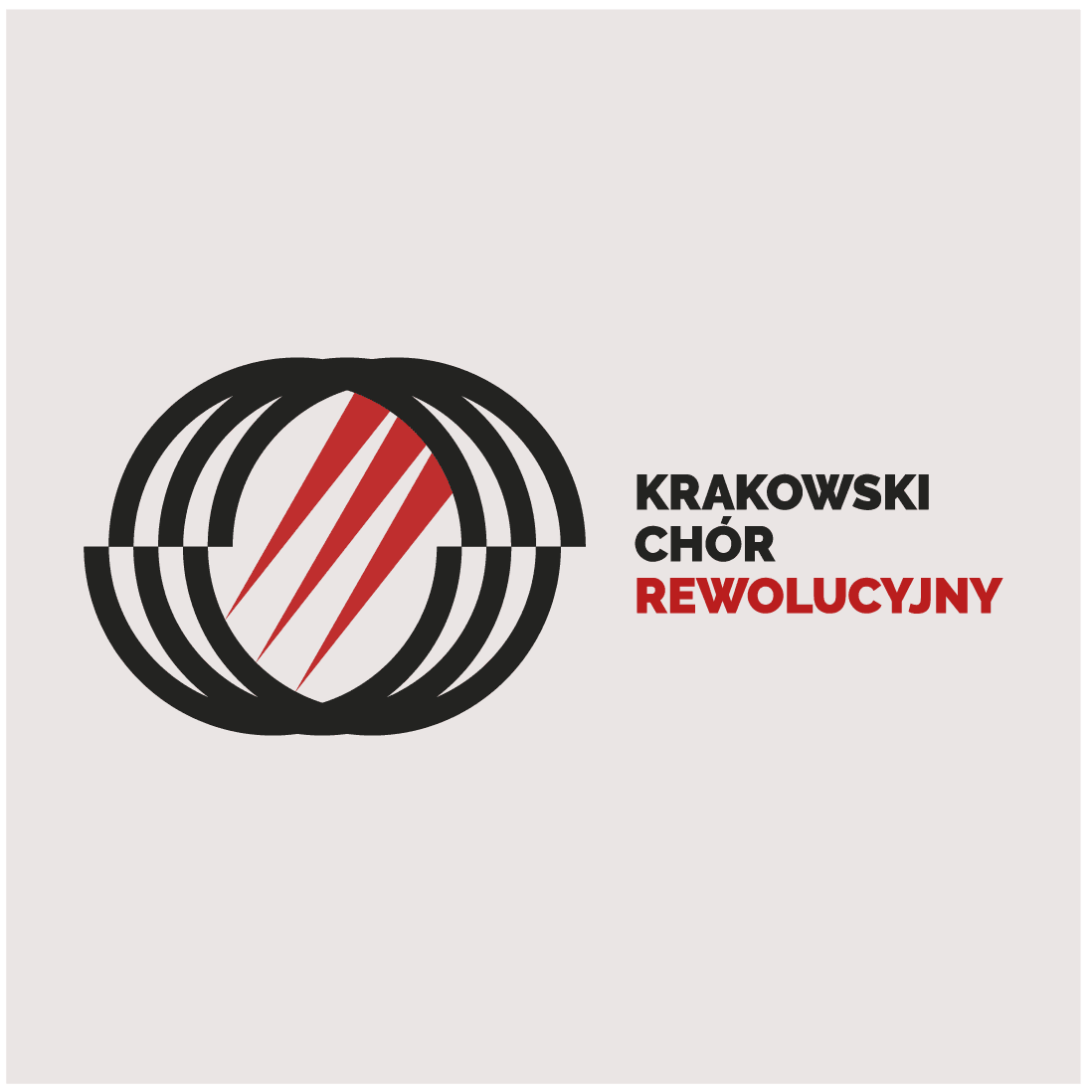 Znak chóru obok napisu Krakowski Chór Rewolucyjny, na piaskowym tle