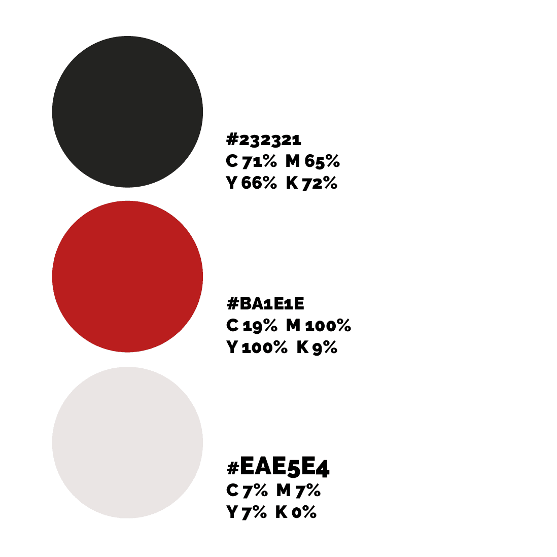 Trzy barwy chóru z wartościami HEX i CMYK: grafit #232321, czerwień #BA1E1E, piasek #EAE5E4